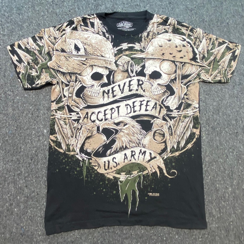 7.62 Design US Army Shirt Sz M Mens Black Grunge Never Accept Defeat Skull Eagle